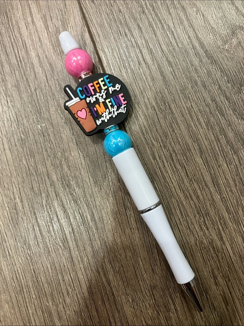 Hand beaded “coffee owns me” pen. Pink & blue beads. Create a pen bundle & save.